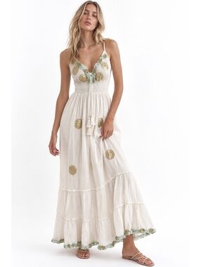Zury Boho Maxi Dress Ivory Mint V Neck Resort Festival Free Size